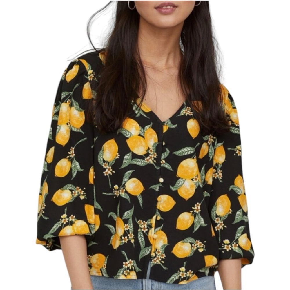 H&M Divided Black Lemon Blouse Womens Size 4 Yellow Green Floral V Neck